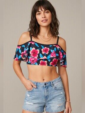 ACX Tropical Floral Off-The-Shoulder Ruffle Bikini Top,Y2K Festival Summer, L